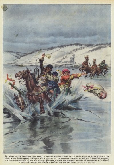 Terug van een doop, een Roemeense familie die met de slee over een bevroren rivier reed door Achille Beltrame