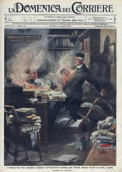 Stierf in zijn laboratorium in Napels door Giuseppe Mercalli, Italiaanse seismoloog en vulkanoloog. Illustratie door Achille Beltrame voor 
