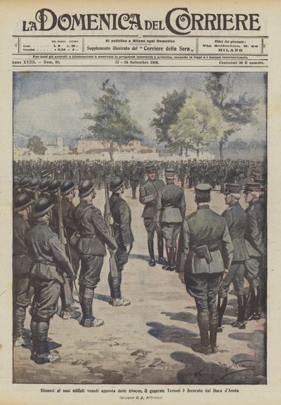 Voor zijn soldaten die speciaal uit de loopgraven kwamen, wordt generaal Tettoni gedecoreerd door de hertog van Aosta door Achille Beltrame