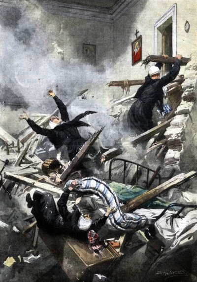 Ramp in een gebouw in Genua: goede zusters verdwenen bij de instorting van twee appartementen. Ill. de Beltrame. "La Domenica del Corriere". 04/1914. door Achille Beltrame