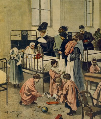 Distributie van kerstcadeaus aan arme kinderen in het ziekenhuis door Achille Beltrame
