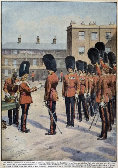 Verdeling van klaver voor Sint-Patrick (Patroonheilige van Ierland) door Ierse regimenten, Engeland - tekening door A. Beltrame, in 