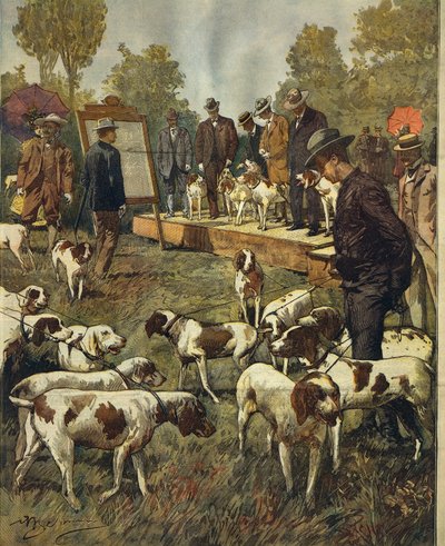 Hondenshow en veldproeven van jachthonden in San Siro (Milaan), door Achille Beltrame (1871-1945), uit La Domenica del Corriere, 2 juli 1899 door Achille Beltrame