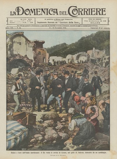 Pijn en rouw in Zuid-Italië, de koning bezoekt de ruïnes van Cetara, in de Golf van Salerno door Achille Beltrame