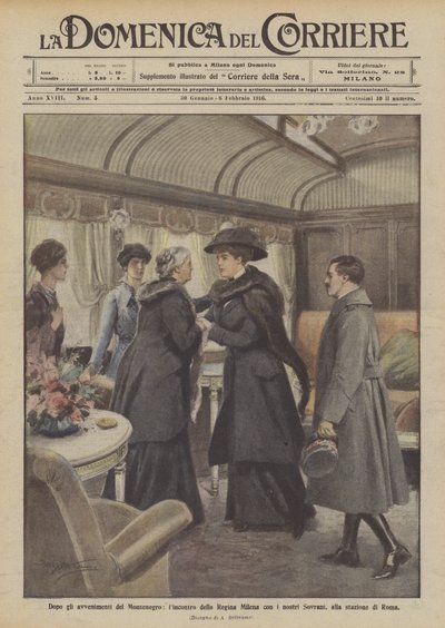 Na de gebeurtenissen in Montenegro, de ontmoeting van koningin Milena met onze vorsten op het station van Rome door Achille Beltrame