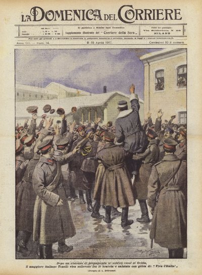 Na een propagandatoespraak tot de Russische soldaten van Ochta, wordt de Italiaanse majoor Tonelli... door Achille Beltrame