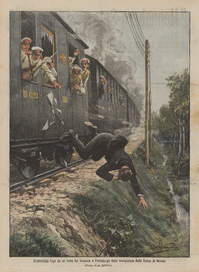 Dramatische ontsnapping uit een trein tussen Warschau en Sint-Petersburg van de overvaller van de bank van Moskou door Achille Beltrame