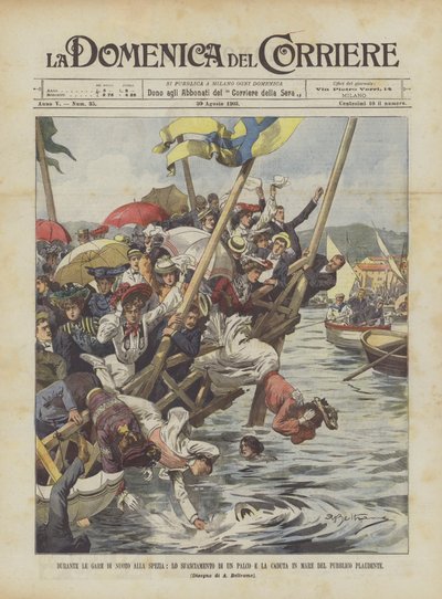 Tijdens de zwemwedstrijden in La Spezia, het instorten van een tribune en de val van het publiek in zee door Achille Beltrame