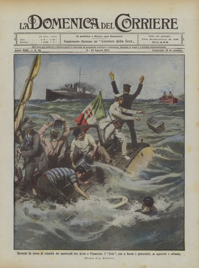 Tijdens de snelheidsrace van motorboten tussen Anzio en Fiumicino, de Eolo, met aan boord door Achille Beltrame