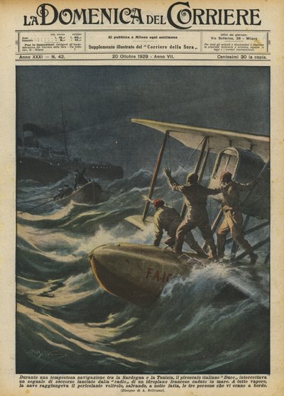 Tijdens een stormachtige vaart tussen Sardinië en Tunesië, het Italiaanse schip Duce door Achille Beltrame
