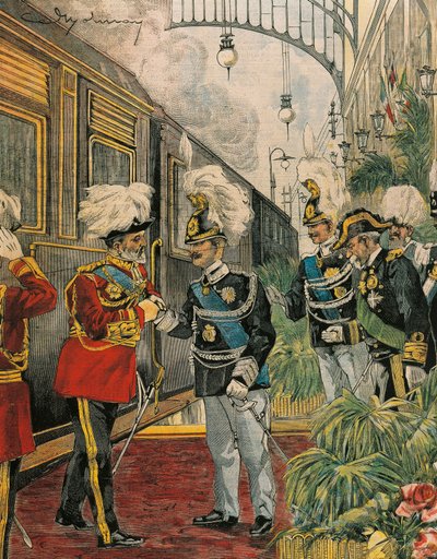 Edward VII, Koning van Engeland, arriveert in Rome, door Achille Beltrame, illustratie, Illustrator Achille Beltrame, uit La Domenica del Corriere door Achille Beltrame