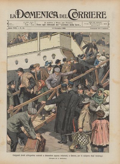 Emigranten op weg naar Argentinië gedwongen om van boord te gaan net nadat ze waren ingescheept in Genua, vanwege de staking van de bemanning door Achille Beltrame