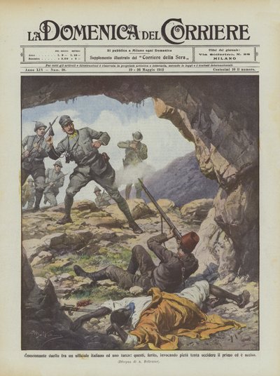 Spannend duel tussen een Italiaanse en een Turkse officier, deze, gewond, smeekt om genade en probeert ? door Achille Beltrame