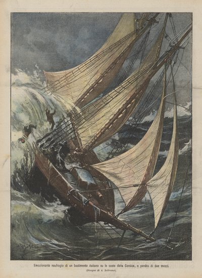 Spannend schipbreuk van een Italiaans schip aan de kust van Corsica, en verlies van twee scheepsjongens door Achille Beltrame