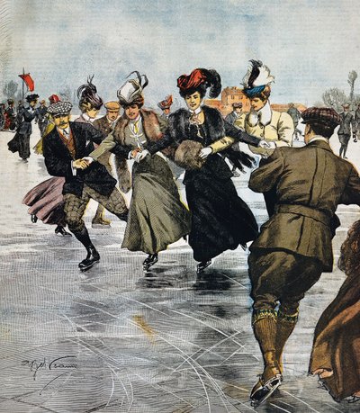 Modieuze tijdverdrijven, schaatsen, illustratie door Achille Beltrame, uit La Domenica del Corriere, 27 januari door Achille Beltrame