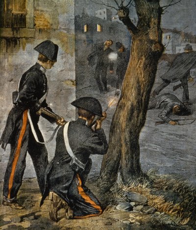 Episode van de Siciliaanse maffia, conflict tussen politie en gangsters in Trapani uit La Domenica del Corriere, 31 december door Achille Beltrame