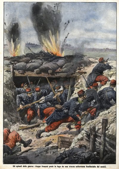 Episode van de oorlog van 1914: Franse troepen in de loopgraven worden gebombardeerd door vijanden. 