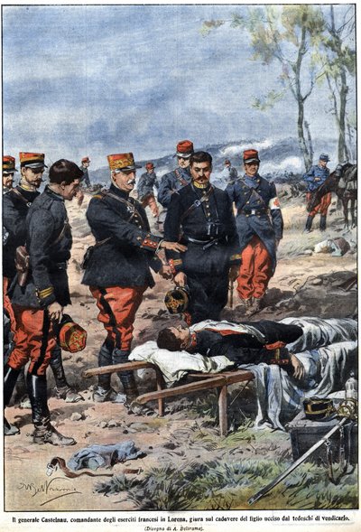 Episode van de oorlog van 1914: Generaal Noel Edouard de Curieres de Castelnau (1851-1944), commandant van het Franse leger in Lotharingen, zweert bij het lichaam van zijn dode zoon om hem te wreken. Illustratie door Achille Beltrame in "La Domenica del Co door Achille Beltrame