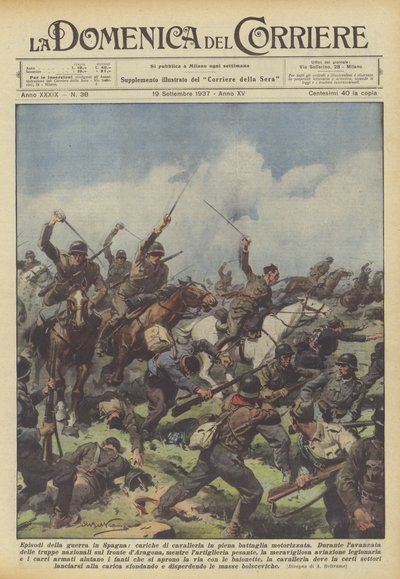 Episodes van de oorlog in Spanje, cavaleriecharges in volle gemotoriseerde strijd door Achille Beltrame
