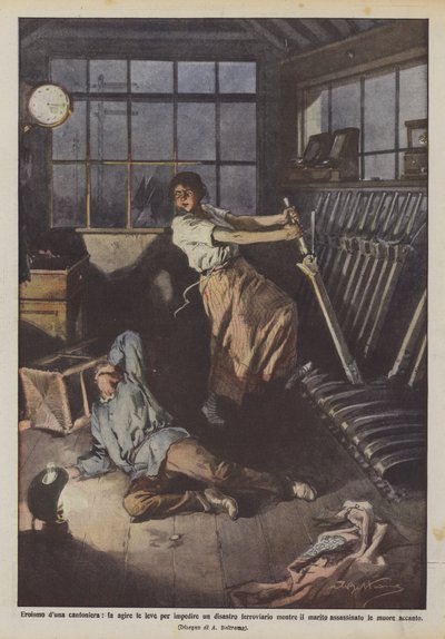 Heldhaftigheid van een spoorwegwachter, bedient de hendels om een treinramp te voorkomen terwijl haar man door Achille Beltrame