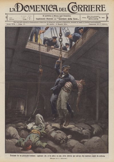 Heldendom op een Italiaanse stoomboot, kapitein laat zich in een besmet ruim zakken om twee mensen te redden door Achille Beltrame