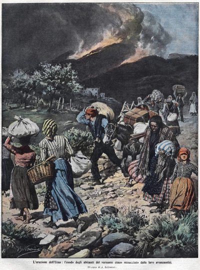 Uitbarsting van de Etna in 1910. Illustratie door Achilles Beltrame. door Achille Beltrame