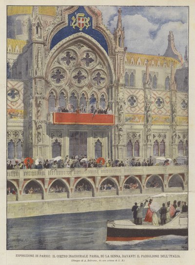 Tentoonstelling van Parijs, De Inhuldigingsstoet Passeert, op de Seine, Voorbij het Italiaanse Paviljoen door Achille Beltrame