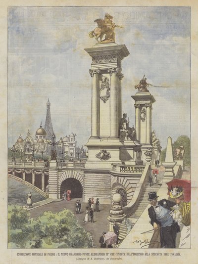 Wereldtentoonstelling van Parijs, de nieuwe grandioze brug Alexander III die leidt van de ingang... door Achille Beltrame