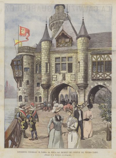 Wereldtentoonstelling van Parijs, de Sint-Michielpoort die leidt naar het oude Parijs door Achille Beltrame