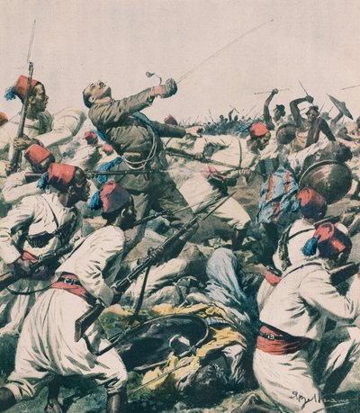 Ethiopische aanval op Lugh garnizoen en moord op Kapitein Bongiovanni, door Achille Beltrame, illustratie, Achille Beltrame (1871-1945), uit La Domenica del Corriere door Achille Beltrame