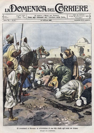 Gebeurtenissen in Marokko: een rebellenstam geeft zich over aan de vertegenwoordigers van de sultan. Illustratie door Beltrame. La Domenica del Corriere door Achille Beltrame
