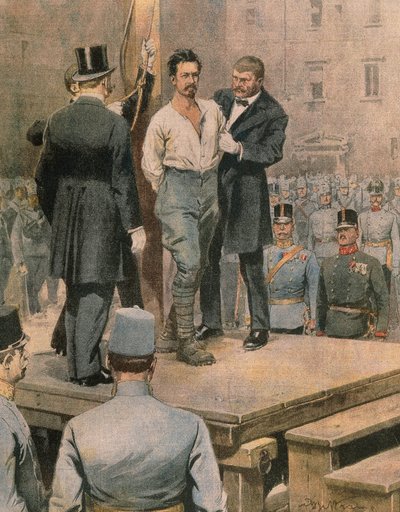 Executie van Cesare Battisti in Trento, door Achille Beltrame, illustratie, Illustrator Achille Beltrame (1871-1945), uit La Domenica del Corriere, juli 1916 door Achille Beltrame