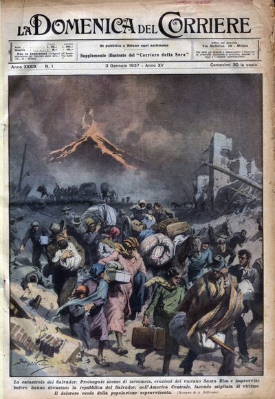 Exodus van de bevolking van El Salvador na de aardbeving en uitbarstingen van de Santa Rita vulkaan. Illustratie van Achille Beltrame in 