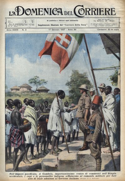 Fascisme 1937: Bijeenkomsten in Gambela, het handelscentrum van het Ethiopische Rijk, van inheemse hoofden en persoonlijkheden om een toetredingsakte tot de Italiaanse regering te maken. Illustratie van Achille Beltrame in 