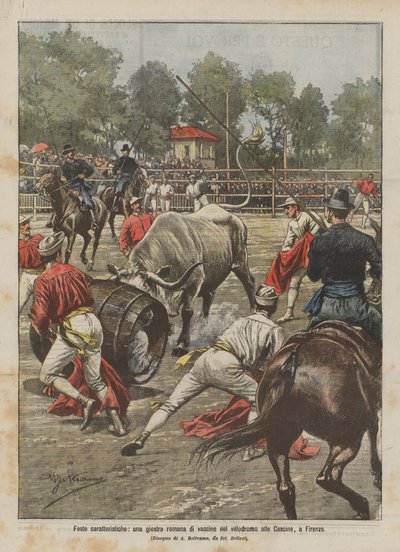 Kenmerkende feesten, een Romeins steekspel met koeien in het velodroom van de Cascine, in Florence door Achille Beltrame