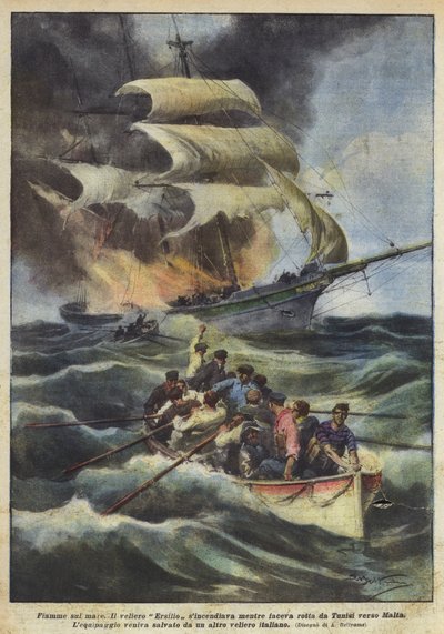 Vlammen op zee door Achille Beltrame