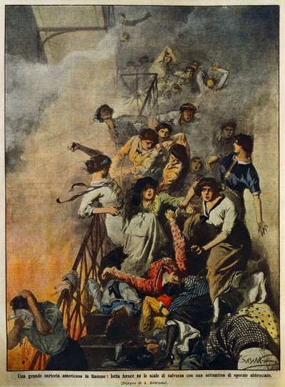 Brand in grote Amerikaanse textielfabriek: arbeiders op trap, illustratie door Achille Beltrame, uit La Domenica del Corriere, 10 augustus door Achille Beltrame