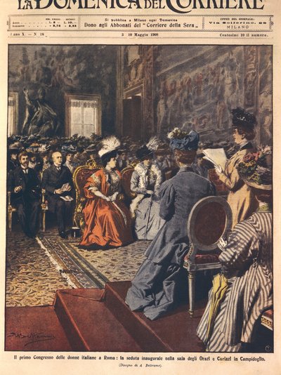 Eerste Italiaanse vrouwencongres op Capitol, Rome, illustratie door Achille Beltrame uit La Domenica del Corriere, 3 mei door Achille Beltrame