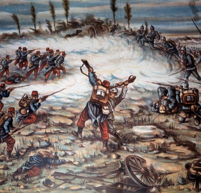 Eerste Wereldoorlog (1914-1918): een gevecht tussen de Franse en Duitse strijdkrachten tussen Altkirch en Mulhouse op 21/08/1914. Illustratie door Achille Beltrame, privécollectie door Achille Beltrame