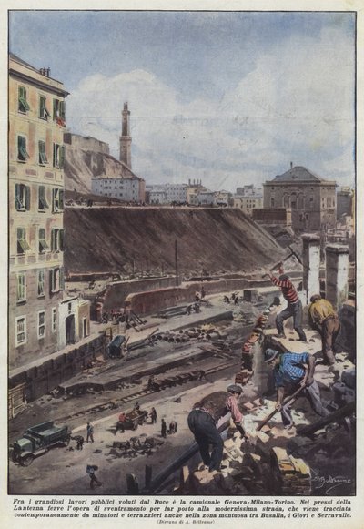 Onder de grootschalige openbare werken gewild door de Duce is de snelweg Genua-Milaan-Turijn door Achille Beltrame