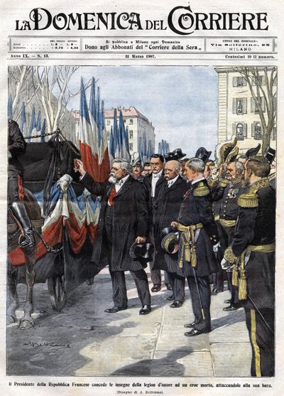 De Franse president Armand Fallieres (1841 - 1931) reikt de medaille van het Legioen van Eer uit aan een held die in de strijd is gesneuveld. Ill. de Beltrame. La Domenica del Corriere. 31/03/1907 door Achille Beltrame