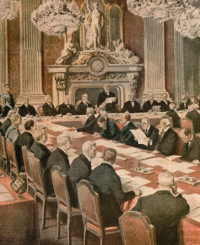 Franse president Georges Clemenceau spreekt op de Vredesconferentie van Parijs, door Achille Beltrame, illustratie door Achille Beltrame