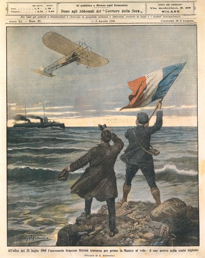 Franse vliegenier Louis Bleriot, eerste persoon die het Kanaal overstak, vieringen aan Engelse kust, 25 juli door Achille Beltrame