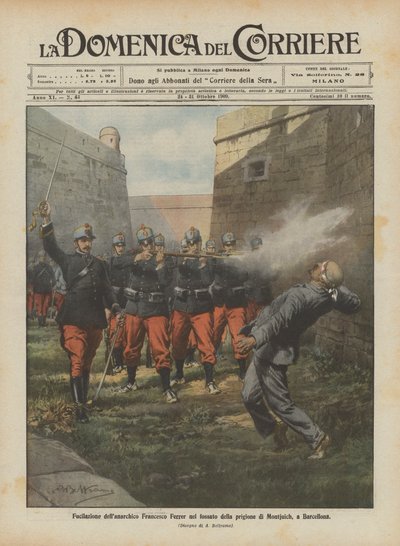Executie van de anarchist Francesco Ferrer in de gracht van de gevangenis van Montjuich, in Barcelona door Achille Beltrame