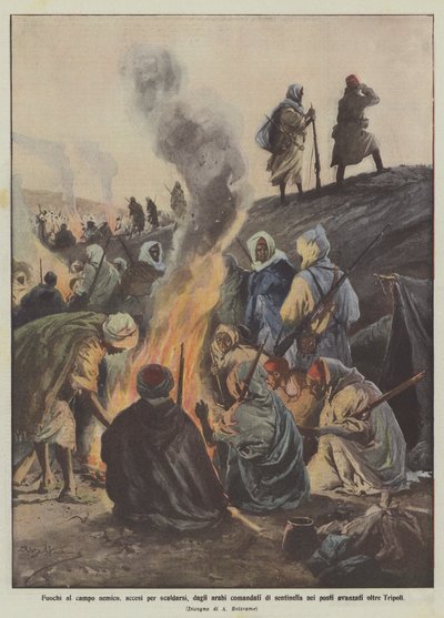 Vuren in het vijandelijke kamp, aangestoken om zich te verwarmen, door de Arabieren die als schildwachten dienen in de voorposten buiten Tripoli door Achille Beltrame