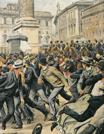 Algemene staking van arbeiders in Rome, door Achille Beltrame, illustratie, Illustrator Achille Beltrame (1871-1945), uit La Domenica del Corriere door Achille Beltrame