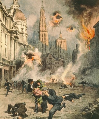 Duitsers bombarderen en bezetten Antwerpen, illustratie uit La Domenica del Corriere door Achille Beltrame