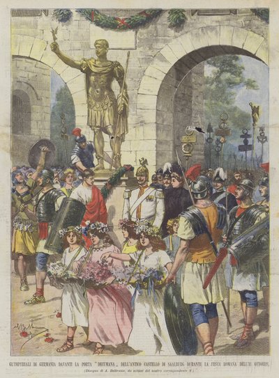 De keizerlijke familie van Duitsland voor de Decumaanse Poort van het oude kasteel van Saalburg tijdens... door Achille Beltrame