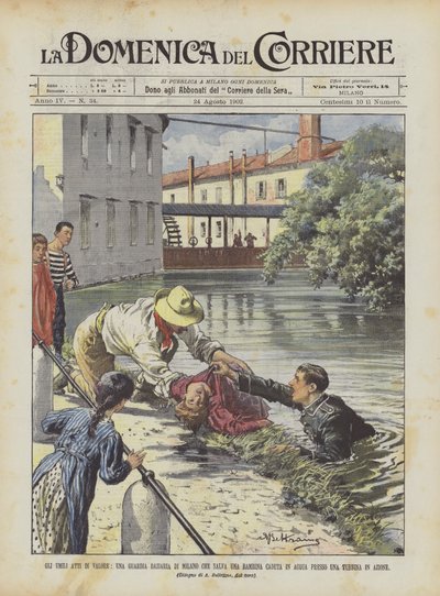 De nederige daden van moed, een douanewachter in Milaan die een meisje redt dat in het water is gevallen ? door Achille Beltrame
