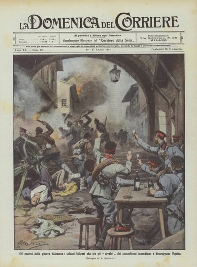 De excessen van de Balkanoorlog, Bulgaarse soldaten die onder gejuich van hun kameraden brand stichten door Achille Beltrame